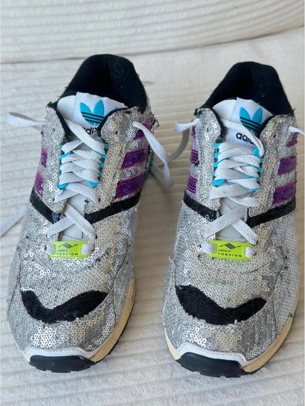 Adidas ZX 4000 Crystal White Silver Purple Sequin Sneakers - Picture 3 of 9